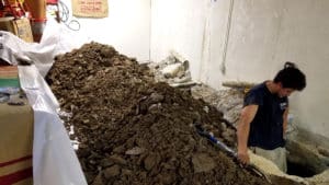 Man in hole surrounded by dirt pile