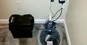 Sump pump installed in floor connected to a battery