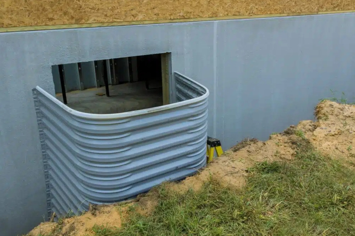Metal window well installed against a commercial foundation wall
